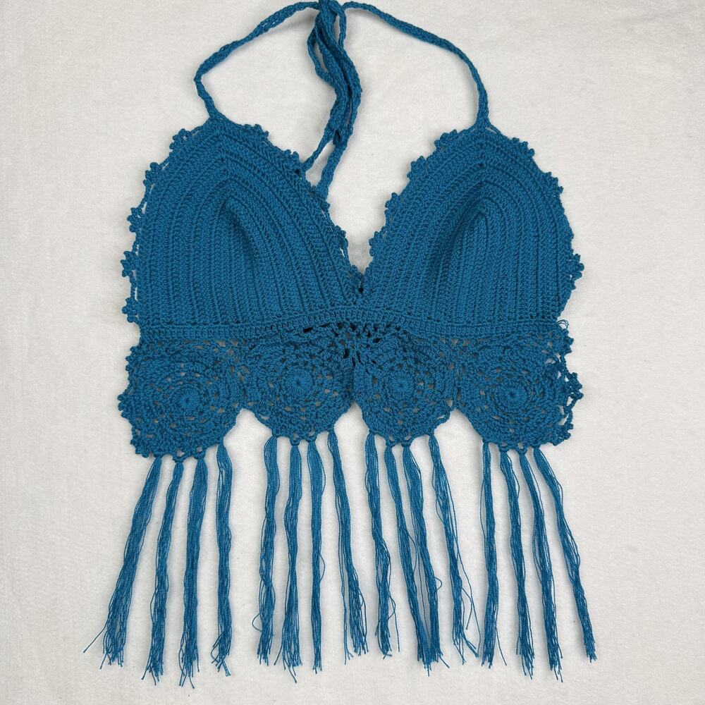 Handmade Crochet Halter Top Womens Fringe Boho Festival Crop Beachwear